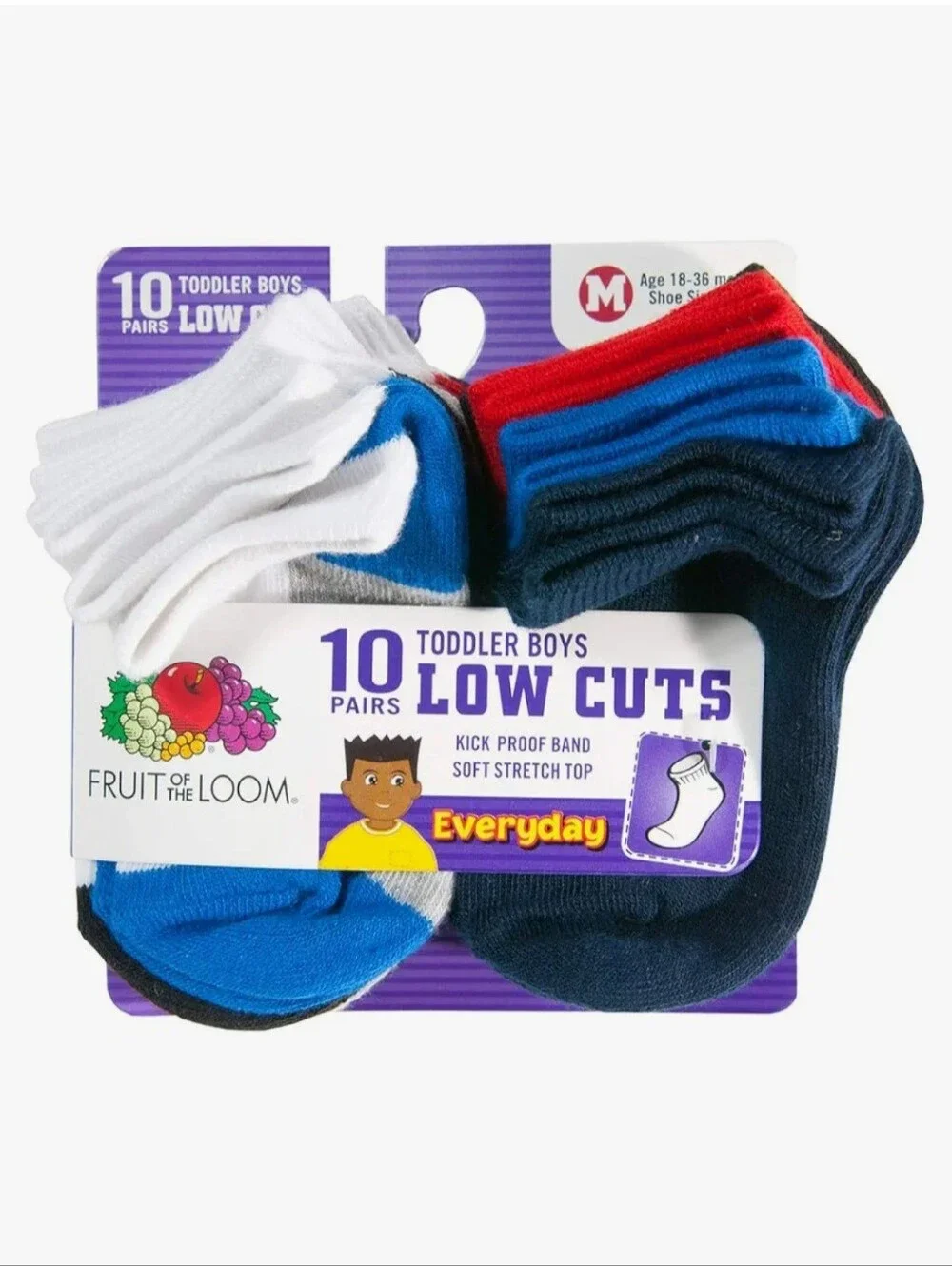 NEW Fruit of the Loom 10-Pair Toddler Boys' Low Cut Everyday Socks; 18-36 Months